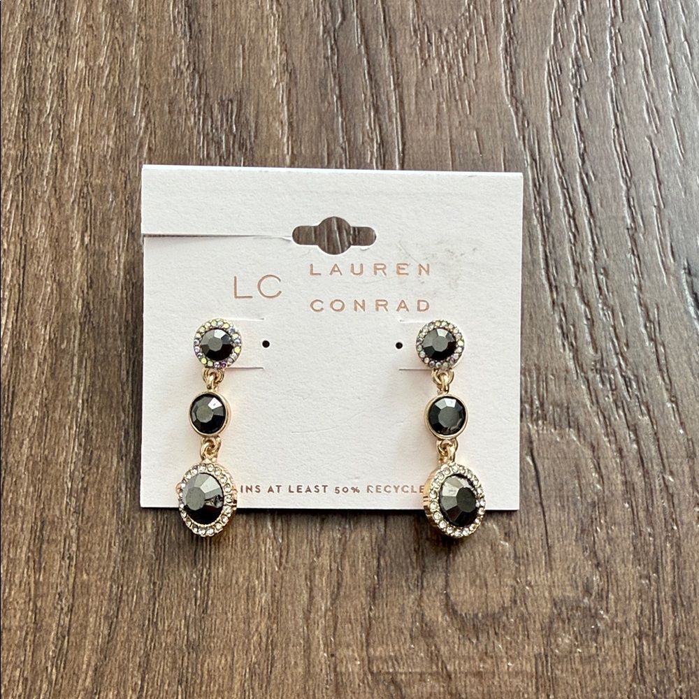 LC Lauren Conrad Crystal Triple Linear Gray and Gold Drop Earrings